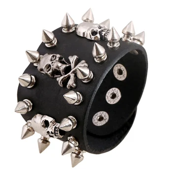 

Gothic Punk Unique Biker Rock Cuff Leather Bracelet Bangle for Men Jewelry Silver Plated Rivet Pirate Skeleton Wide Wristband