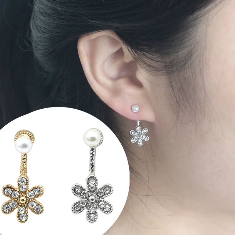 

ES629 Brincos Pendientes Earring Bijoux Imitation Pearls Crystal Flowers Stud Earrings Double Sided Women Wedding Jewelry