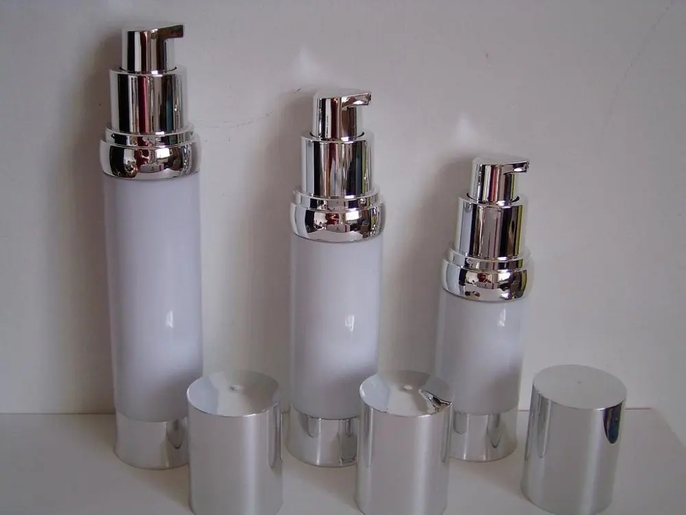 40ml airless bottle white body silver pump silver lid silver bottom