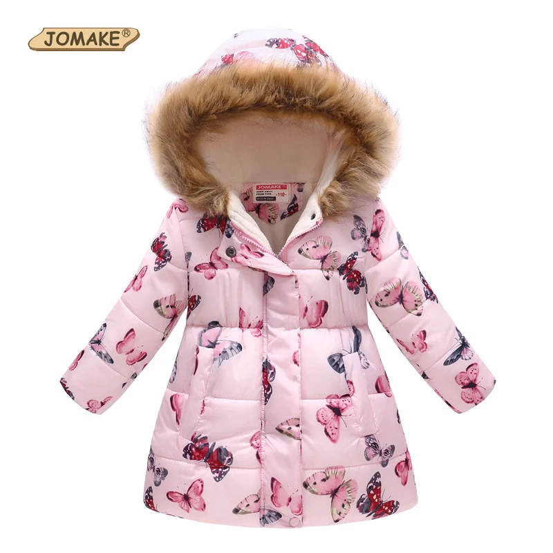 JOMAKE/зимние куртки для девочек; детская модная парка с милым принтом для девочек; пальто из плотного флиса; теплые детские куртки для девочек с меховым капюшоном