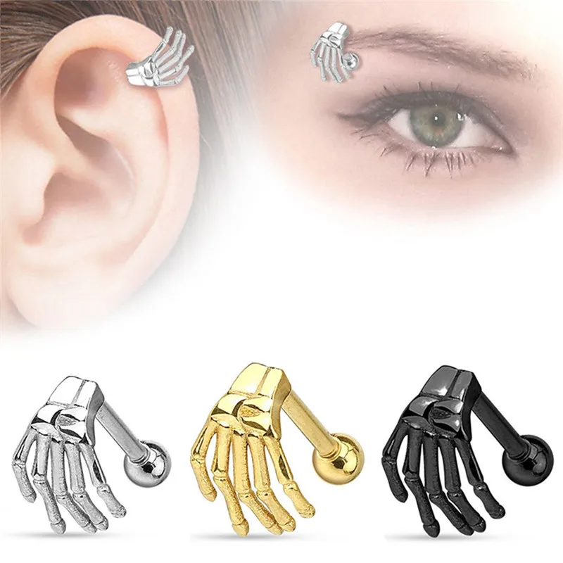 

PINKSEE 1 Pc Skeleton Hand Surgical Steel Eyebrow Bar Navel Bell Button Rings Ears Piercing Body Jewelry Accessory