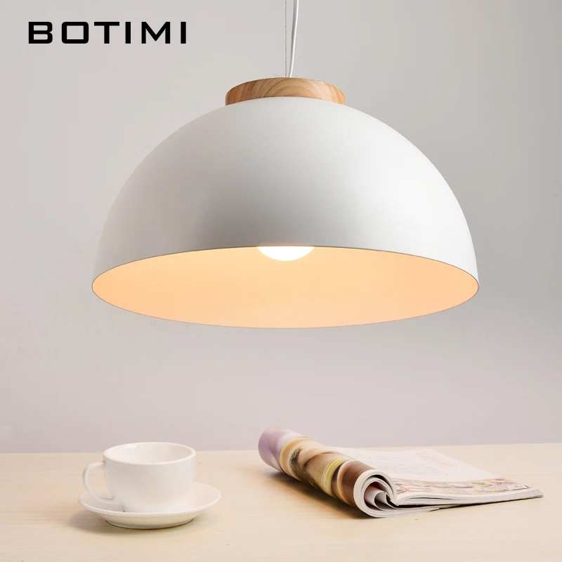

BOTIMI Modern Round LED Pendant Lights E27 White Wooden Dining Light Metal Lampshade Hanging Lamp Iron Suspension Lighting