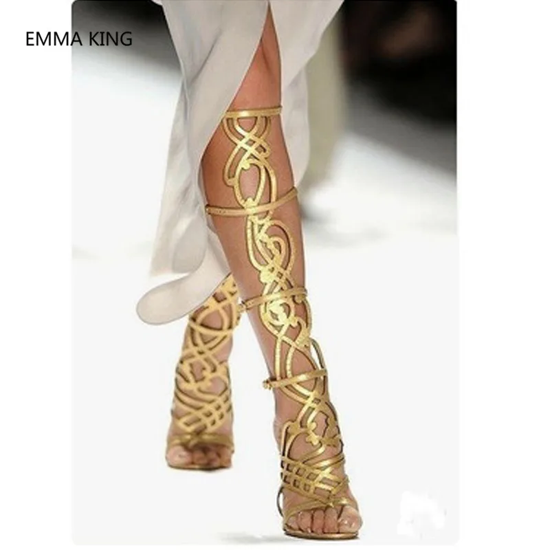 Damen Stiefel Shown Sandalen out Kniehohe Gladiator In Schuhe Dünne as High Sexy Frauen As Römischen Spitze Sommer Heels Runway Gold Frau Cut Picture Picture Stil Offene qIYHIw1
