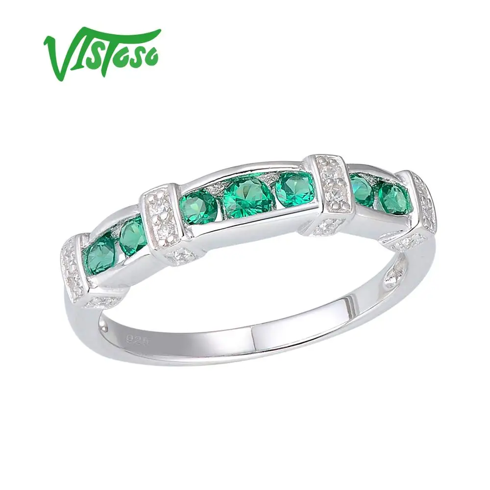 

VISTOSO Round Green Spinel 925 Sterling Silver Rings For Women Wedding Anniversary Party Fine Jewelry Ring Sterling Silver Rings