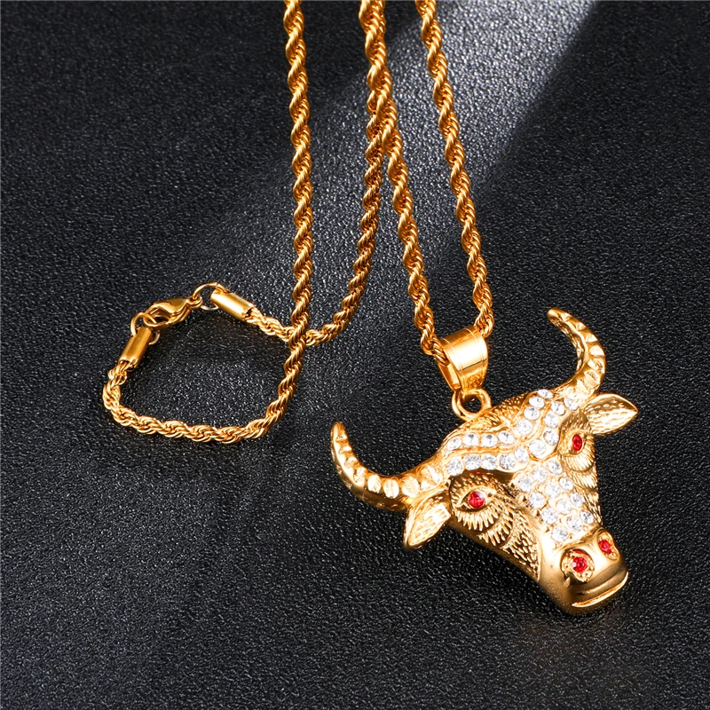

Bling Iced Out Full Crystal Bull Head Pendant Necklace 316L Stainless Steel Charm Collares For Men Hip Hop Jewelry