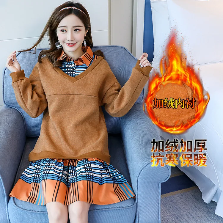 

Maternity Clothes Autumn and Winter Fleece Warm Sweatshirt Nursing Dress for Pregannt Women Fake 2pcs Sweatsuit for feeding