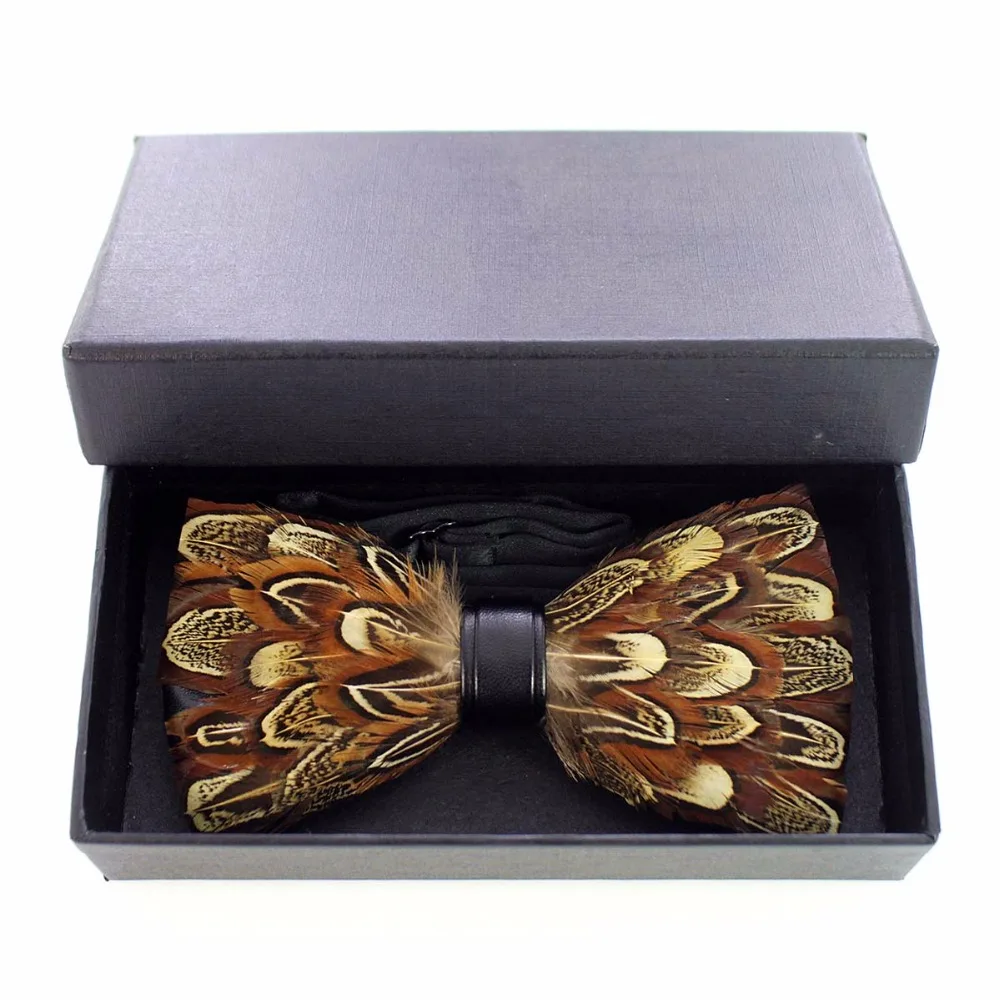  New Fashion Mens Handmade Feather and Leather Bow Tie Pre-tied Bowtie For Wedding Party With Gift Box