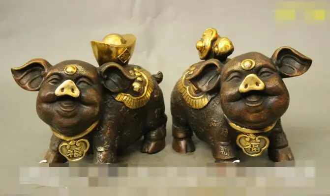 

S01400 9" Chinese Bronze Gilt Wealth RuYi YuanBao Year Zodiac Pig Statue Sculpture Pair