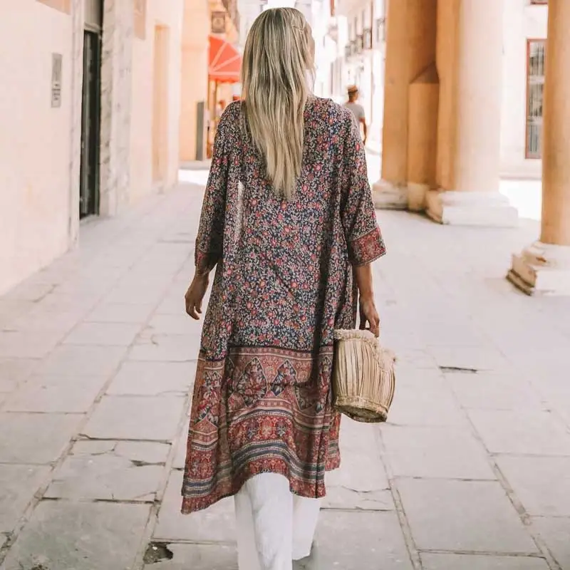 Пляжное кимоно пуговицы спереди кимоно boho Длинный дизайн женская блузка рубашка 3/4 с расклешенными рукавами Летний Топ туника с цветочным принтом E21
