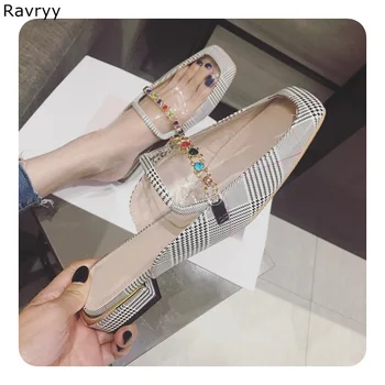 

Summer fashion PVC transparent woman sandals retro style square toe slipper colorful crystal slip-on flats female single shoes