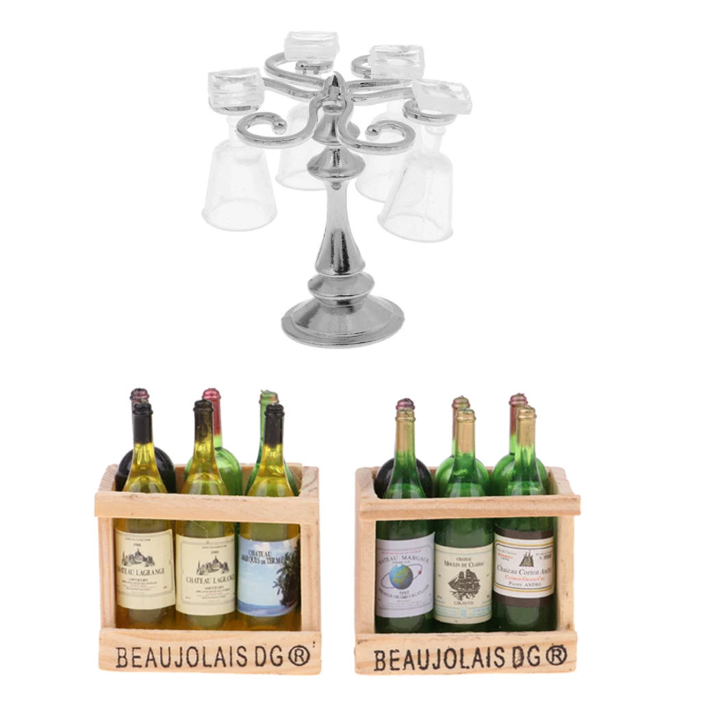 1:12 Dolls House Miniature Metal Silver Cup Rack With Goblets & Beer Drink Bottles Models For Mini Bar Pub Life Scene Ornament