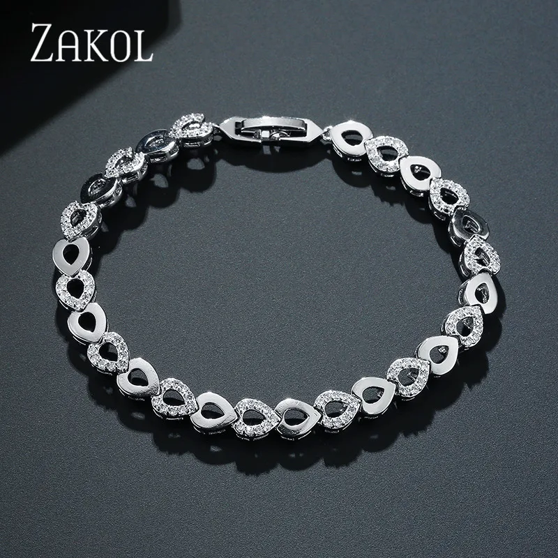 ZAKOL изысканный браслет-цепочка в виде сердца из розового золота, браслет для женщин, блестящие ювелирные изделия из Кубического циркония AAA FSBP2022