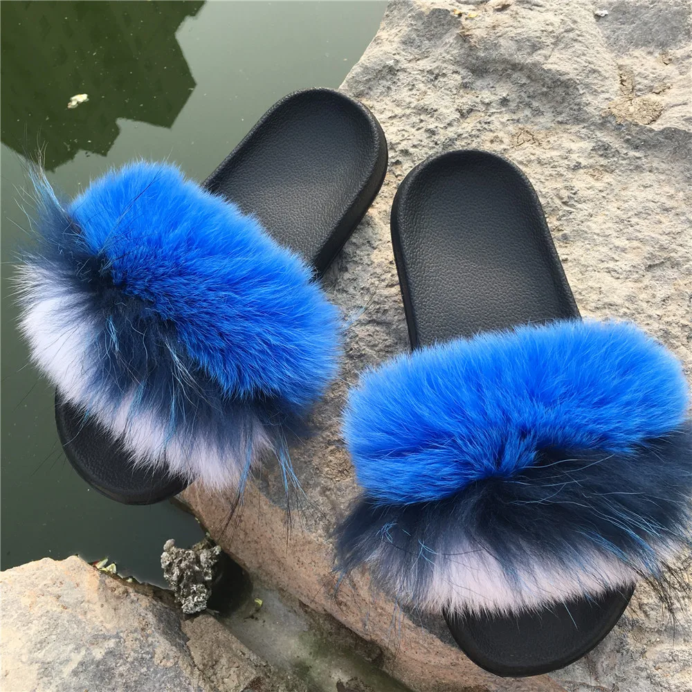 

Magicfur - 100% Real Fox Fur Slipper Blue-Black-White fur Sandal Slades Outdoor Indoor Flat Slides Shoes