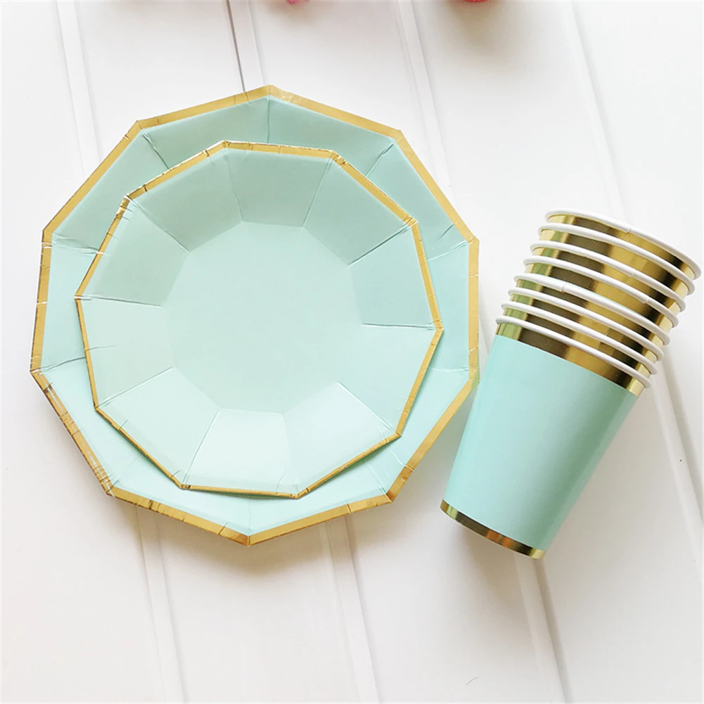 Gold Foil Mint Green Disposable Paper Plates Cups Straws Birthday Wedding Tableware Dessert Plates For Christmas Party Decor