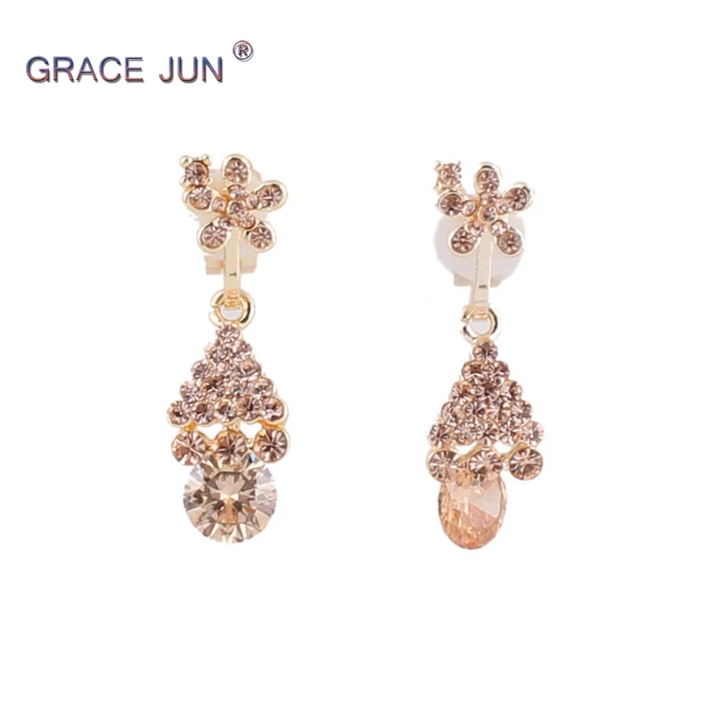 

GRACE JUN Rhinestone Flower Shape Water Drop Shape Clip on Earrings No Pierced Ears for Women Luxury Bridal Earring Bijouterie