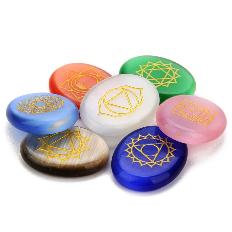 

7Pcs/Set Engraved Stones Reiki Chakra Crystal Pendant Necklace Chakra Pendants Spiritual Healing Meditation Palm Stones