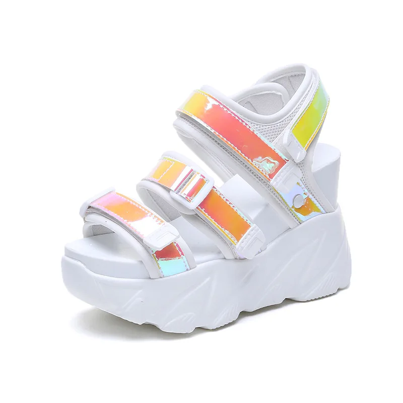 

New High Platform Women Sneaker Sandals 2019 Summer Wedge Casual Sandal Women Thick Bottom Leisure Laser Leather Ribbon Shoes
