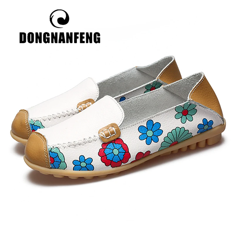 

DONGNANFENG Ladies Mother Women Female Genuine Leather Shoes Flats Soft Spring Autumn Flowers Slip On Plus Size 42 43 44 XY-Y178