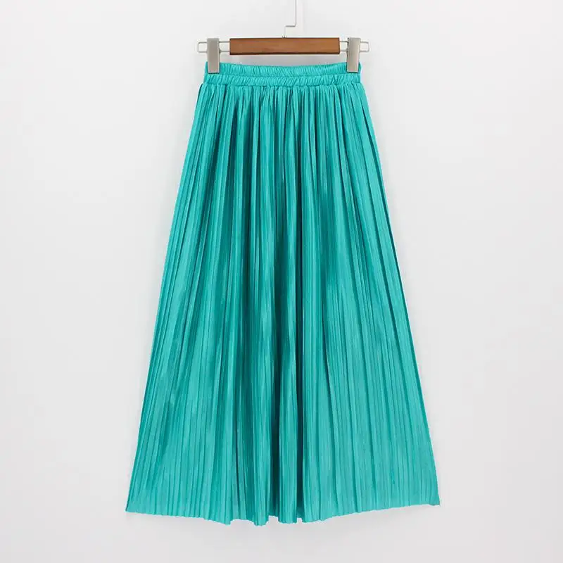 Новинка, женские модные длинные юбки, высокая талия, плиссированная юбка макси, блестящая шелковая юбка-пачка цвета металлик - Цвет: sharp green
