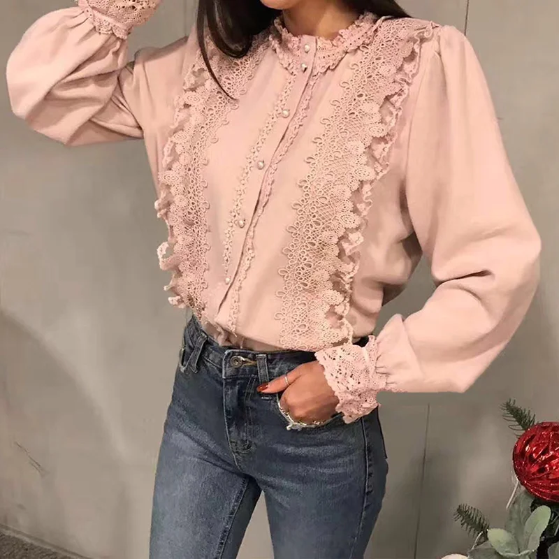 

Big Lace Patchwork Beading Pearls Ruffles Beautiful Girl Shirt Women Top Blouse Chemise Femme Chemiser Blusa Mujer Camisa