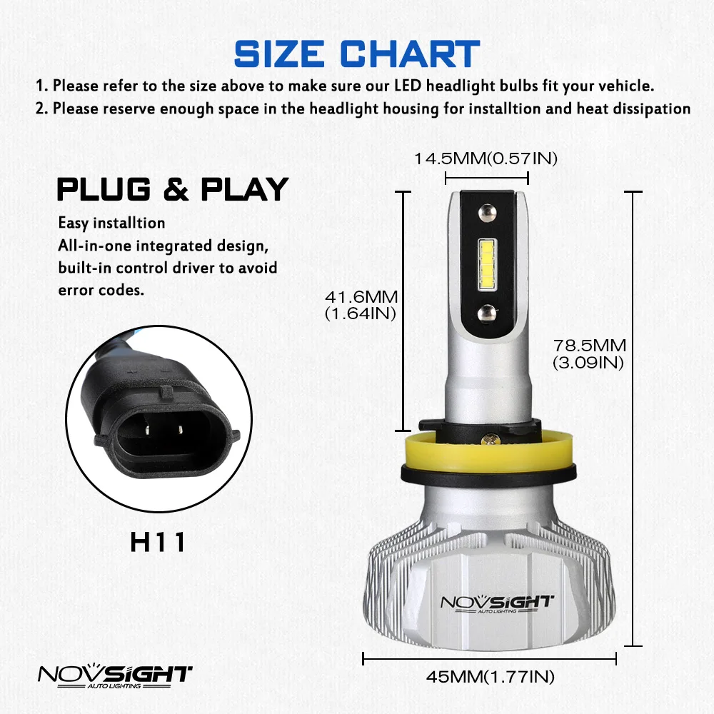 Автомобильные фары головного света NOVSIGHT, цоколь H4, дальний/ближний свет, светодиодные лампы H7, H1, H3, H8, H9, H11, H13 9005, 9006, 9007, м