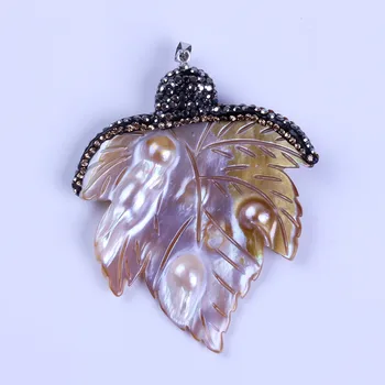

charms handmade material maple leaf natural shell with pearls pave rhinestone necklace for women pendants for jewelry making