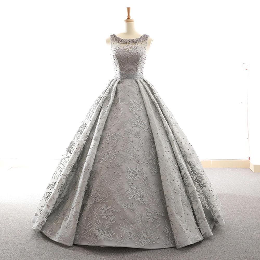 

Vestidos De Novia Vintage Sexy Open Back Full Beading Grey Lace Ball Gown Wedding Dresses Plus Size None Train Gelinlik