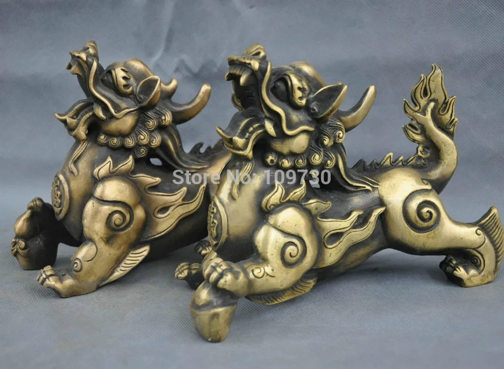 

002226 10"China Pure Bronze YuanBao FengShui BiXie Fly Dragon Kylin Statue Pair