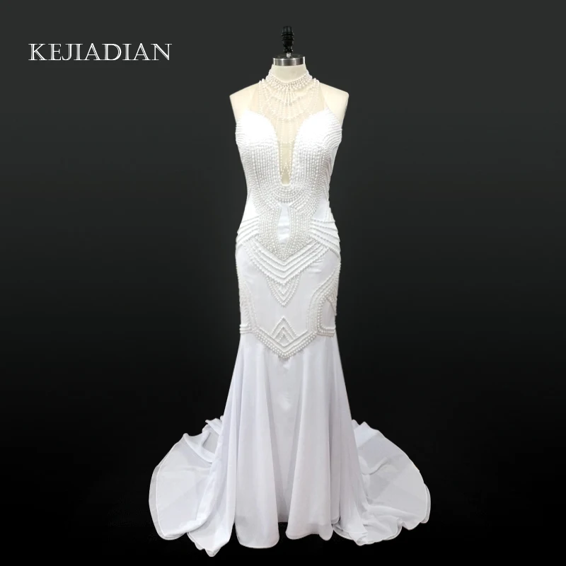 Vestido De Noiva Sheer Средства ухода за кожей шеи сексуальное свадебное платье Жемчуг Русалка без рукавов Свадебные платья свадебное платье