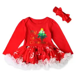 Для новорожденных для маленьких девочек S боди Платье До Колена Новогодние товары Дерево + комплект с ободком с длинным рукавом для