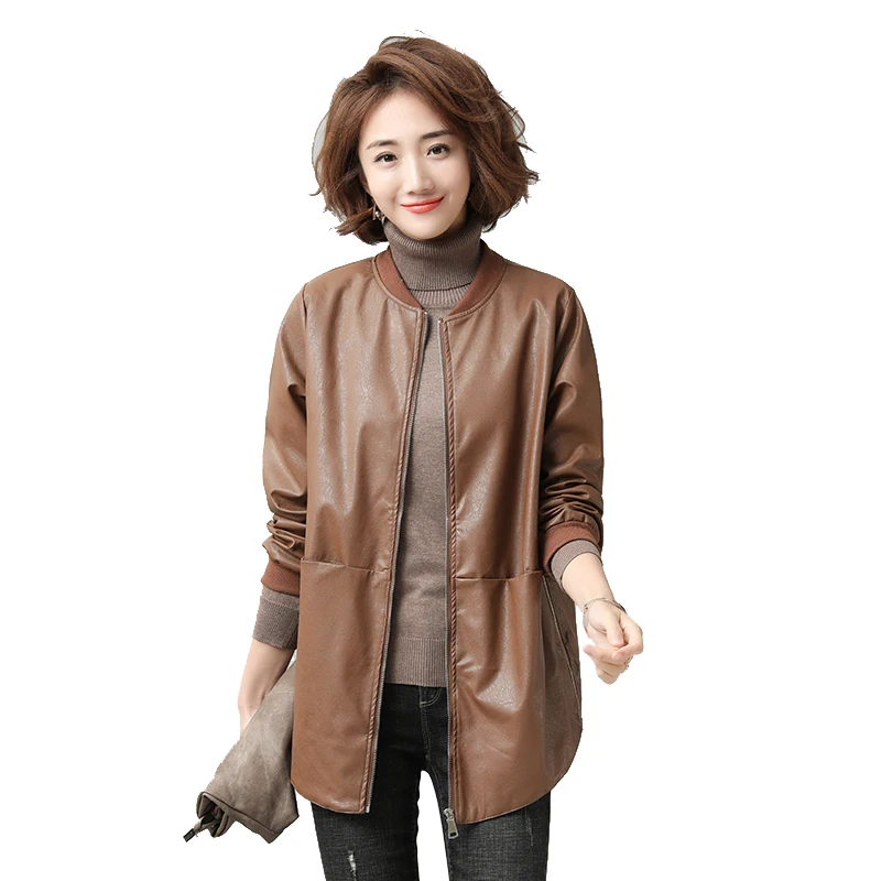 high quality women leather brown long coats leather coat female