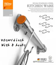 304#SS 40CM Rail Bar with 8 Hooks for kitchen Utensils Gadget Cooking Tools Cookware Spoon Knife Pot Pan Hanger Holder Rack Hook