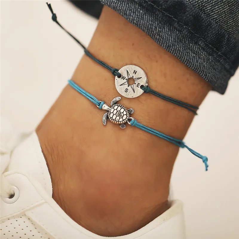 

Modyle Retro beach bracelet Line Rope Round Compass Turtle Animal Two-layer Anklet foot Woman bijoux