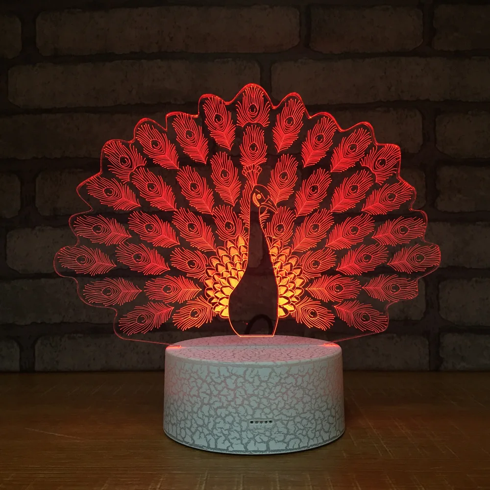 Peacock Night Light Lamp 3D LED Lamp 7 Colorful Table Lamp For Kids Christmas Gift White Base with Touch Switch / Remote