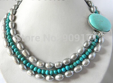 

Free Shipping>>>>3Strands 18'' Round Turquoise & 10mm Gray Freshwater Pearl Necklace