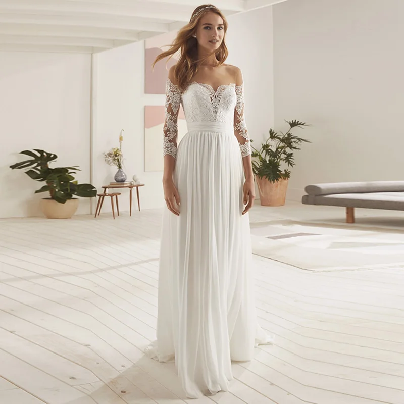 

Eightale Beach Wedding Dress with Long Sleeve 2019 O-Neck Appliques Lace Chiffon Backless Bridal Gown Wedding Party Dress