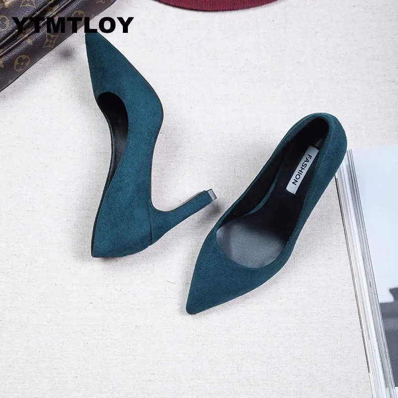 Plus Size 35-43 Size Women 10cm Block High Heels Bridal Scarpin Pumps Ladies Pointed Toe Black khaki Plaza Heels Female Shoes