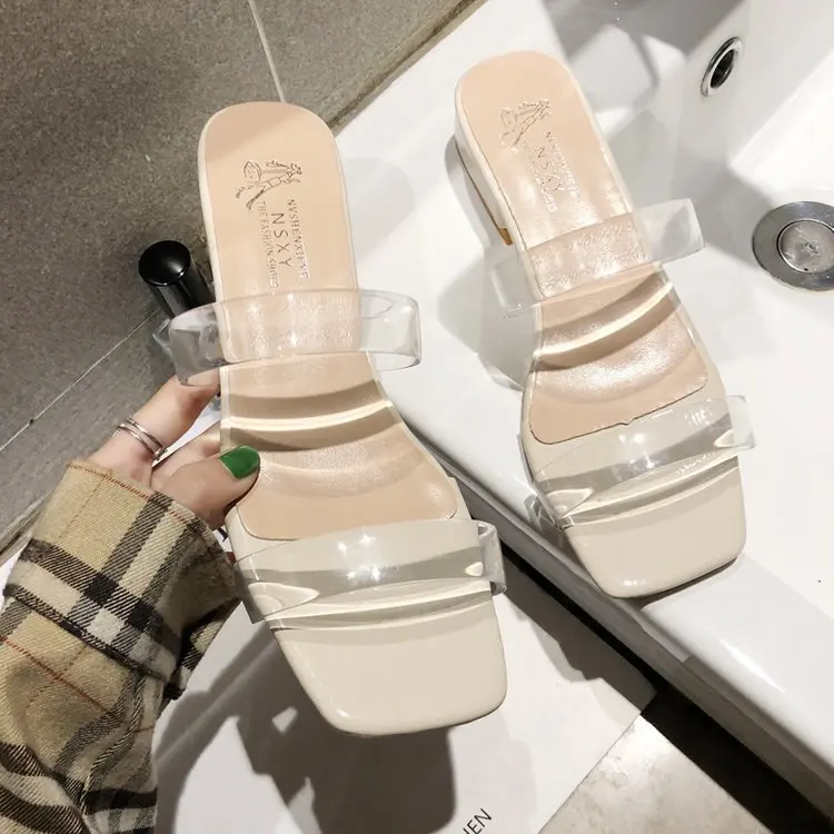 

sandals female summer American temperament Joker simple thick heel sexy toe with crystal shoes half drag slippers women