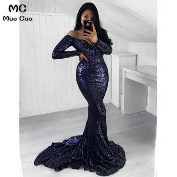 

Elegant 2018 Mermaid Evening Dresses Long Sleeve with Sequined Deep V-Neck Sweep Train Formal Evening Party Dress Custom Made