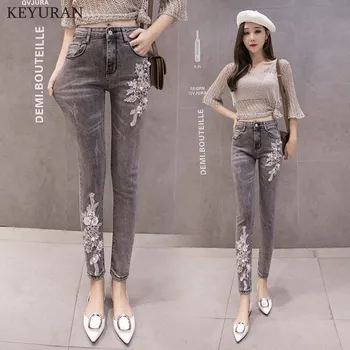

Plus Size 2XL Women Denim Pencil Pants Beaded Embroidery Floral Skinny Gray Jeans Cotton Slim Trousers for Woman Trousers 2308