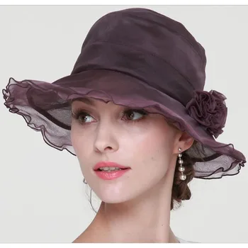 

Fashion Elegant Lady Women's Silk Lace Sea Beach Hat Bling Dot Church Hats Bow Flower Summer Sun Hats Wedding Wide Brim