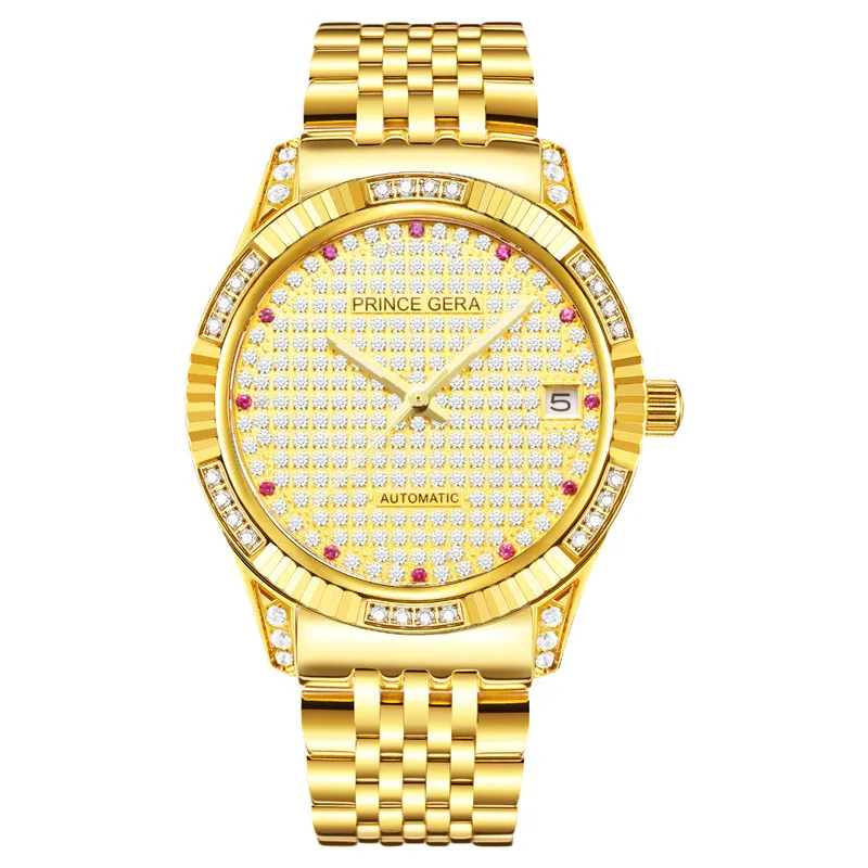 PRINCE GERA Роскошные 18 К золотые бриллианты автоматические часы для мужчин сапфировое стекло Сияющие бриллианты механические Автоматические наручные часы - Цвет: 18K gold men