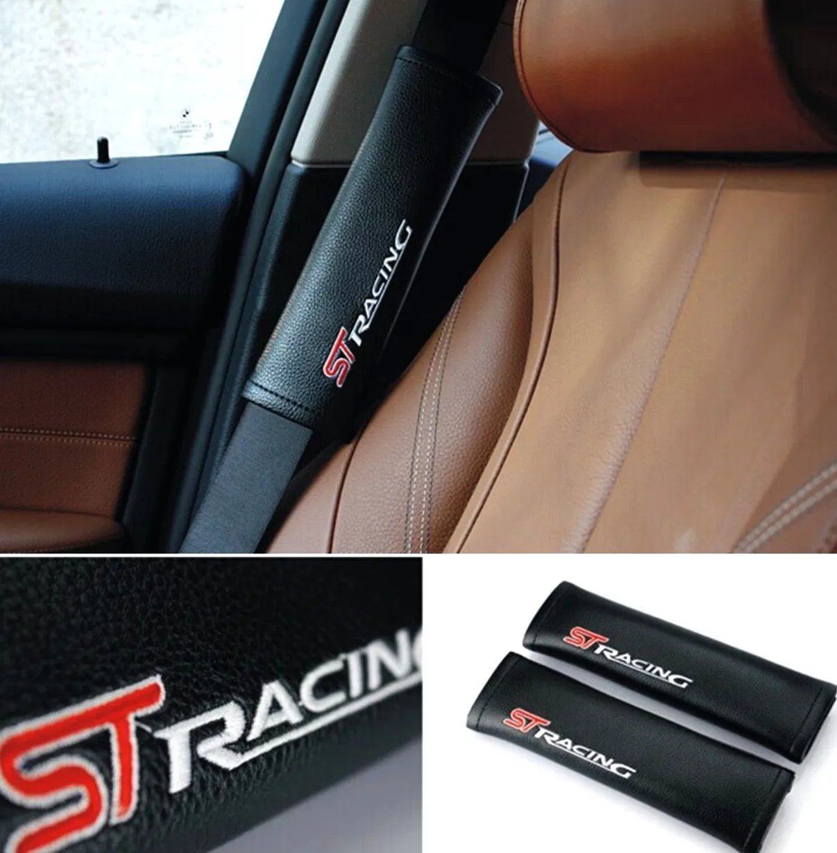 2Pcs ST Racing Genuine Great Black Leather Car Seat Belt Shoulder Pad