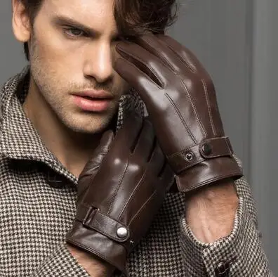 Мужские короткие толстые черные/коричневые перчатки из натуральной кожи на весну/зиму, мужские перчатки для занятий спортом, вождения автомобиля - Цвет: Brown