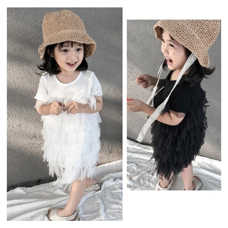 

toddler summer dress for girls cotton o-neck short sleeve gauzy girls princess dress black and white kids clothes