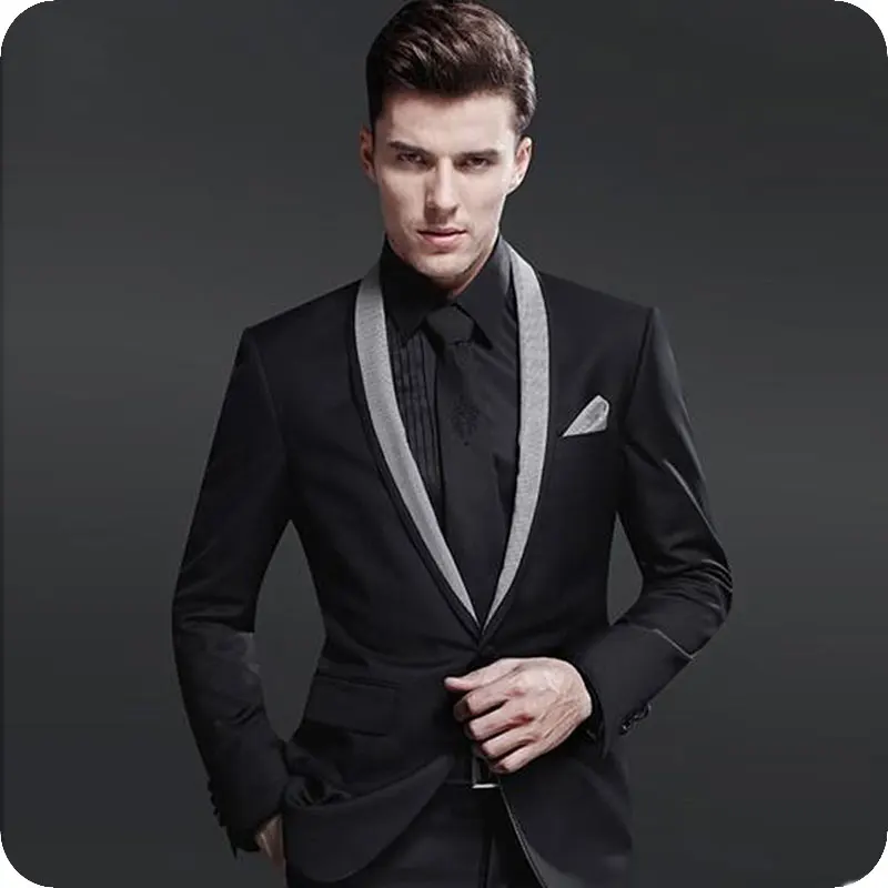 Black Gray Shawl Lapel 2019 Slim Fit Men Suits For Wedding Bridegroom Groom Costume Prom Formal Tuxedo Best Man Blazer 2 Pieces wedding suits groom wear tuxedos slim fit men suits shawl lapel 2 pieces jacket pants prom blazer costume homme best man