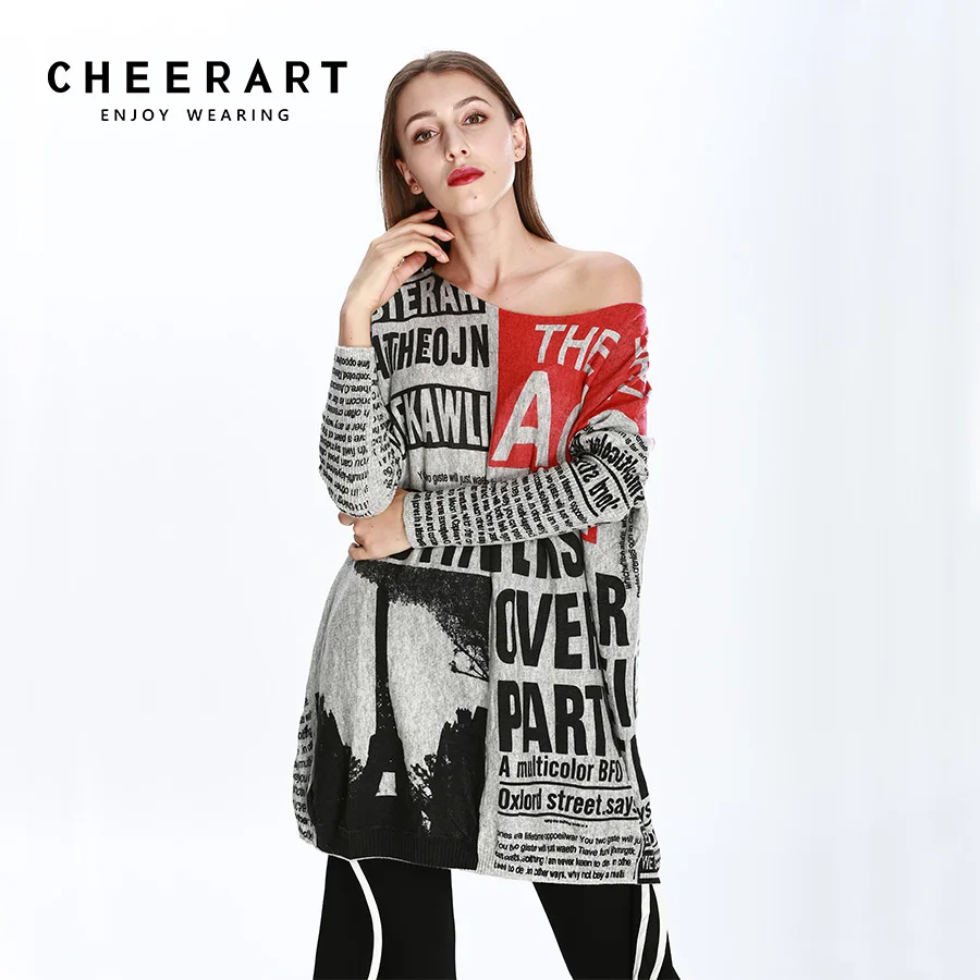 

Cheerart Oversized Sweater Women Loose atwing Knitted Letter Print Plus Size Sweaters And Pullovers Jumper Autumn Pull Femme