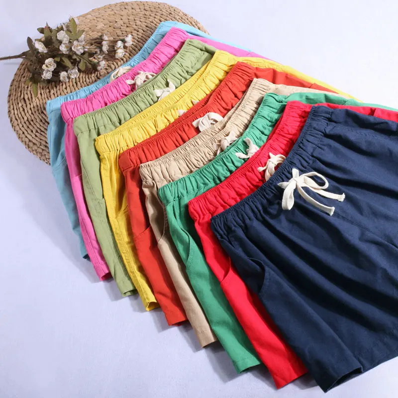 

Plus Size M-7XL Spring Summer Fashion Casual Cotton Linen Shorts Elastic High Waist with Drawstring Loose Wide Leg Women Shorts