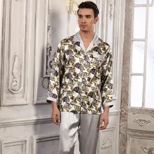 Сексуальная Натуральная шелковая мужская пижама, шелкопряда, шелковая пижама, мужская мода, с принтом, с длинным рукавом, пижама, брюки, комплект из двух предметов, 51233