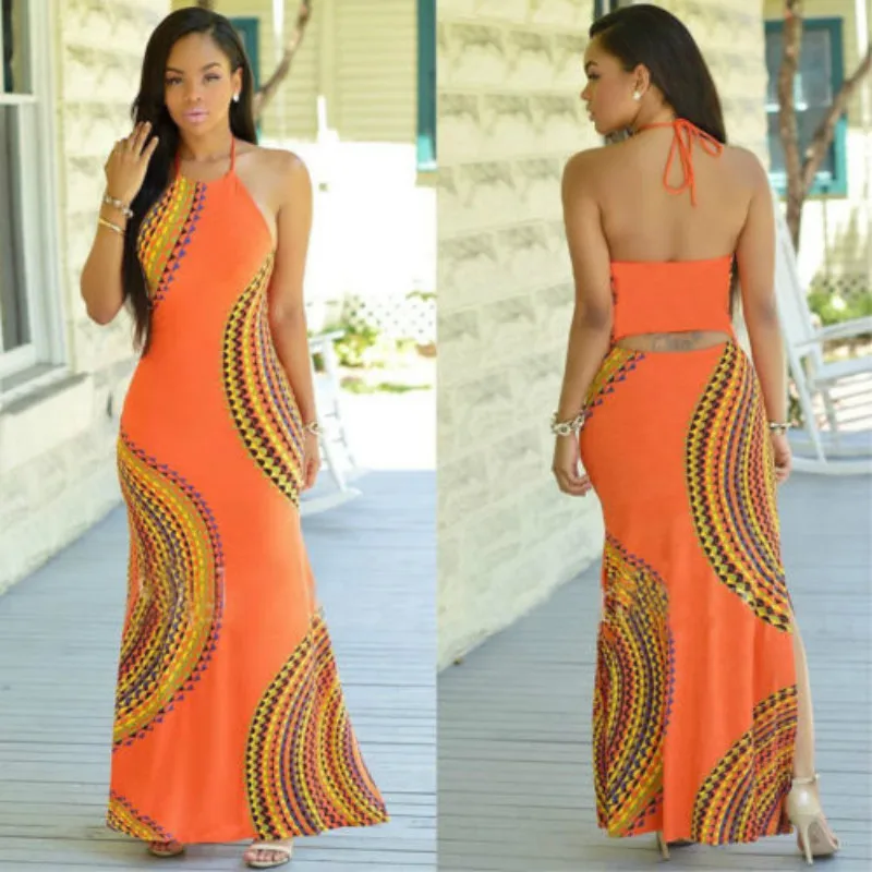 

Retro Women Sexy Backless Halter Printed Bandage Split Dress Lady Evening Club Ball Gown Dresses